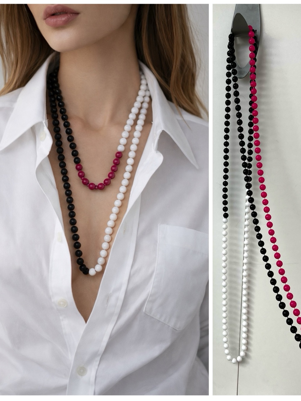 Set of 2 Elegant Black, White, and Pink Beaded Necklace Set